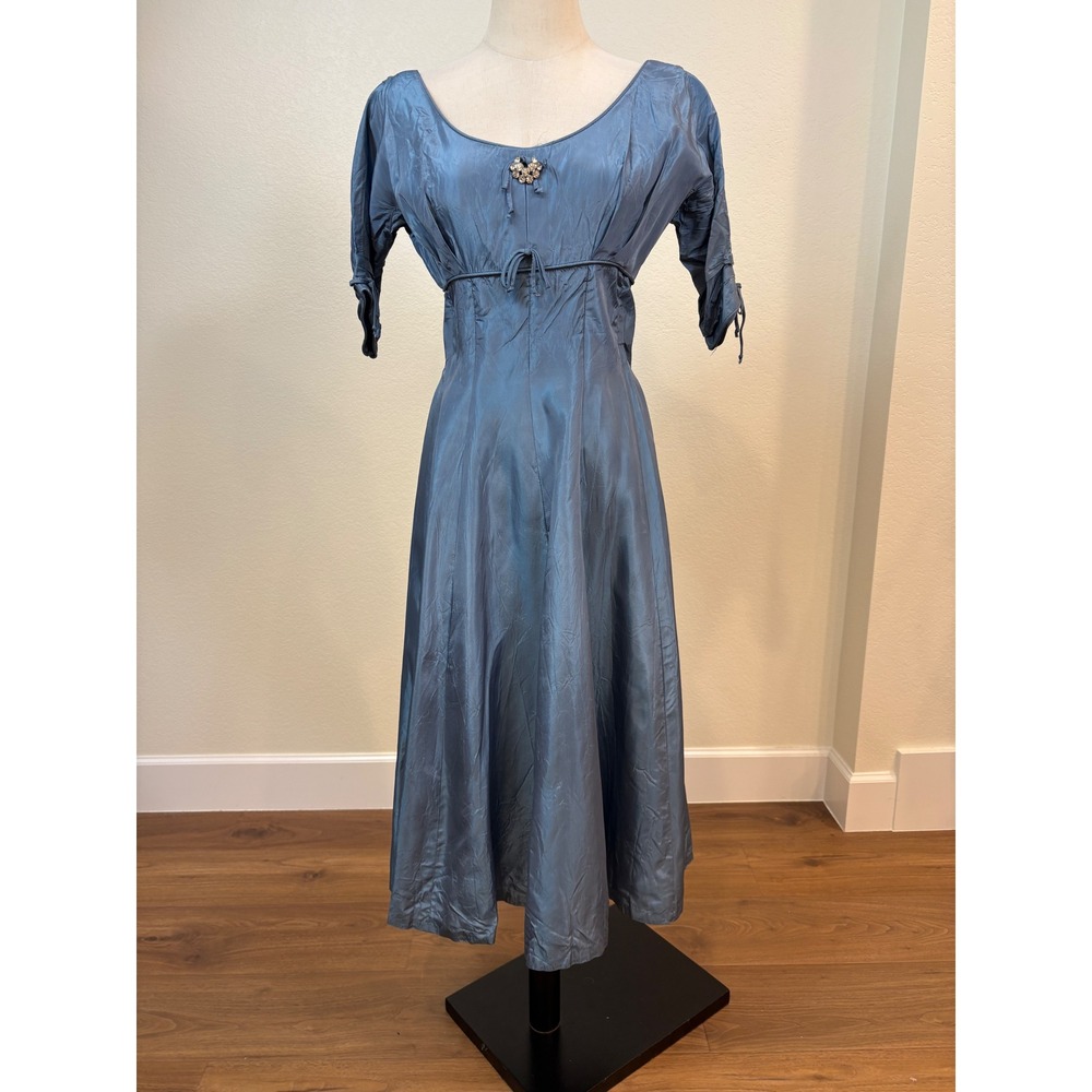 Vtg 50s Dress S Blue Taffeta Rhinestone Mid Century Cocktail Party Rockabilly